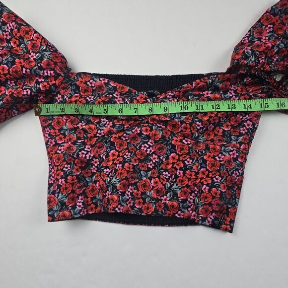 Zara -1807 Long Sleeve Floral Puff Sleeve Sweetheart Crop Top Red NWOT Small - Picture 4 of 7